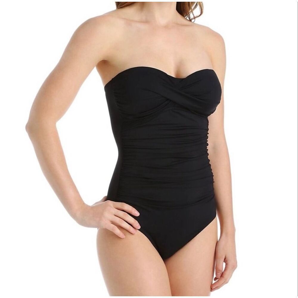 La Blanca Strapless One Piece Bathing Suit Swimwear Ruched Black Women 6
